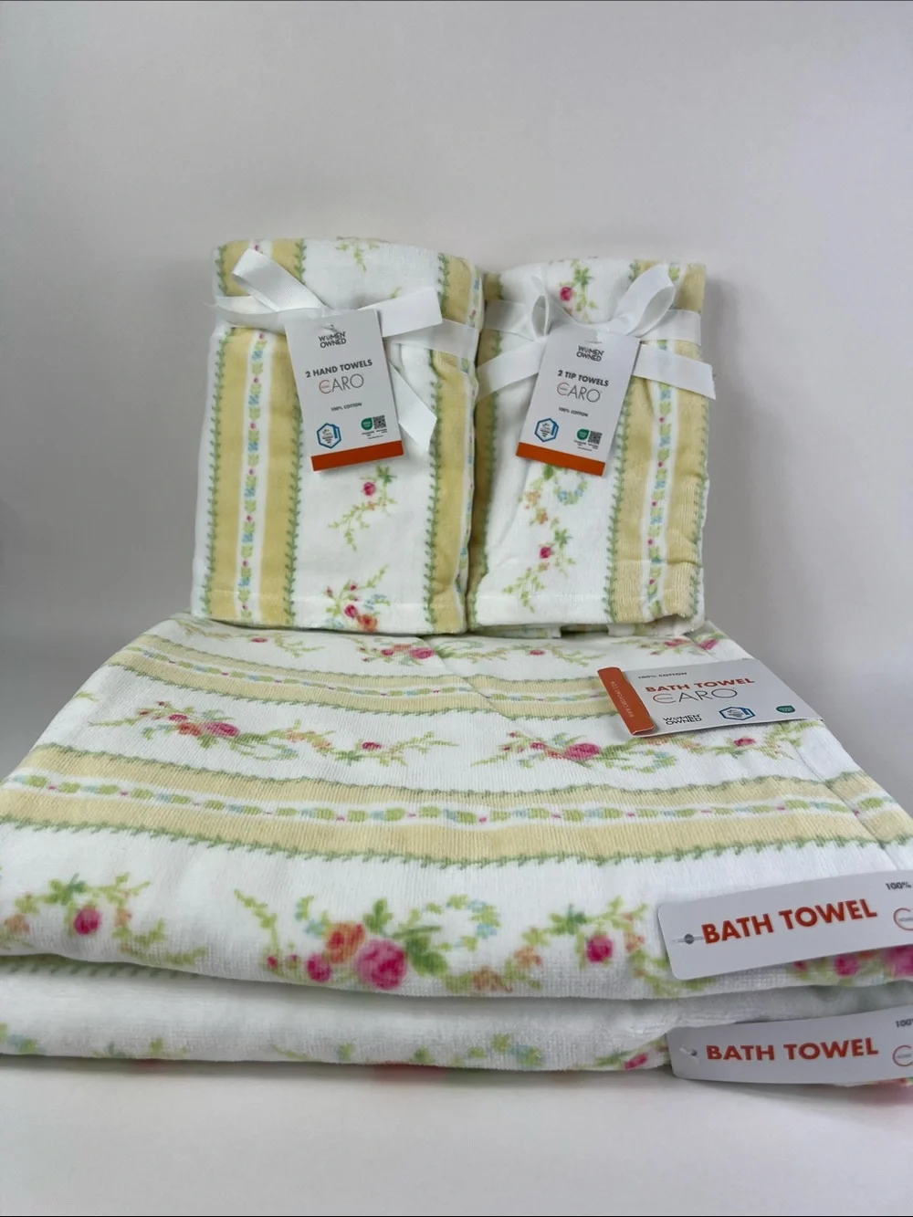 Caro Home Bath Towel Set Floral Yellow White Green Pink Velour Cotton 6 Pc NEW